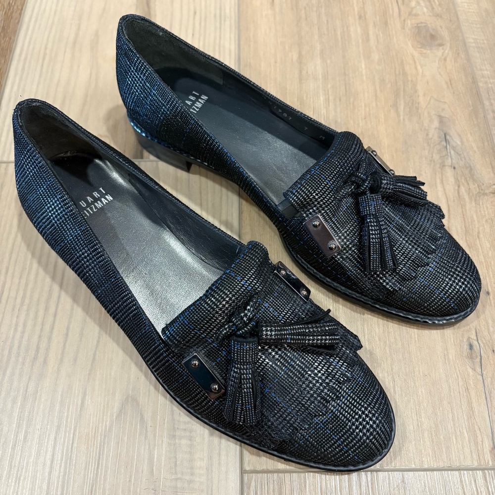 Stuart Weitzman Kiltie Checkprint Leather Plaid Tassel Textured Black Loafers 7